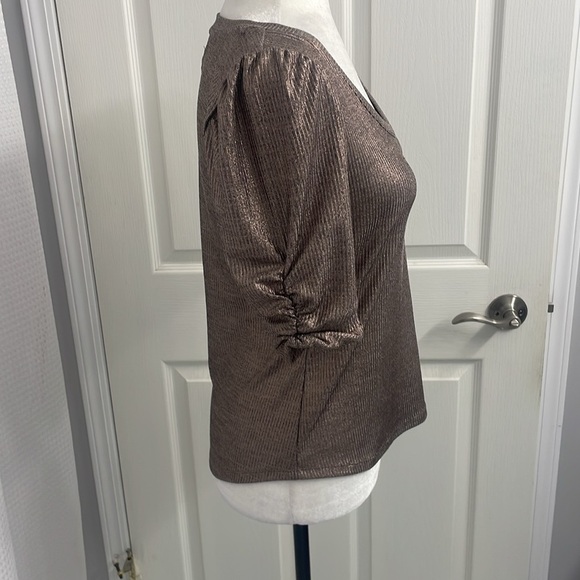 Maeve Gold Shimmer Blouse Short Puff Sleeve Ribbed Stretchy Fabric Size XS - Picture 5 of 12